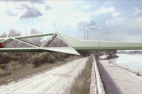 Blick von Süden auf die Brücke über den Donaukanal und den Freudenauer Hafen (Computergrafik von Architekt A. Wimmer, Wien)